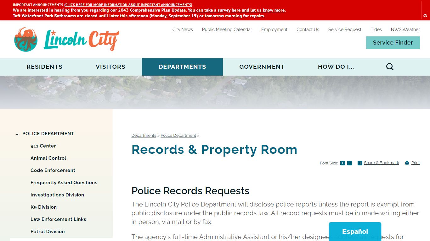 Records & Property Room | City of Lincoln City, OR